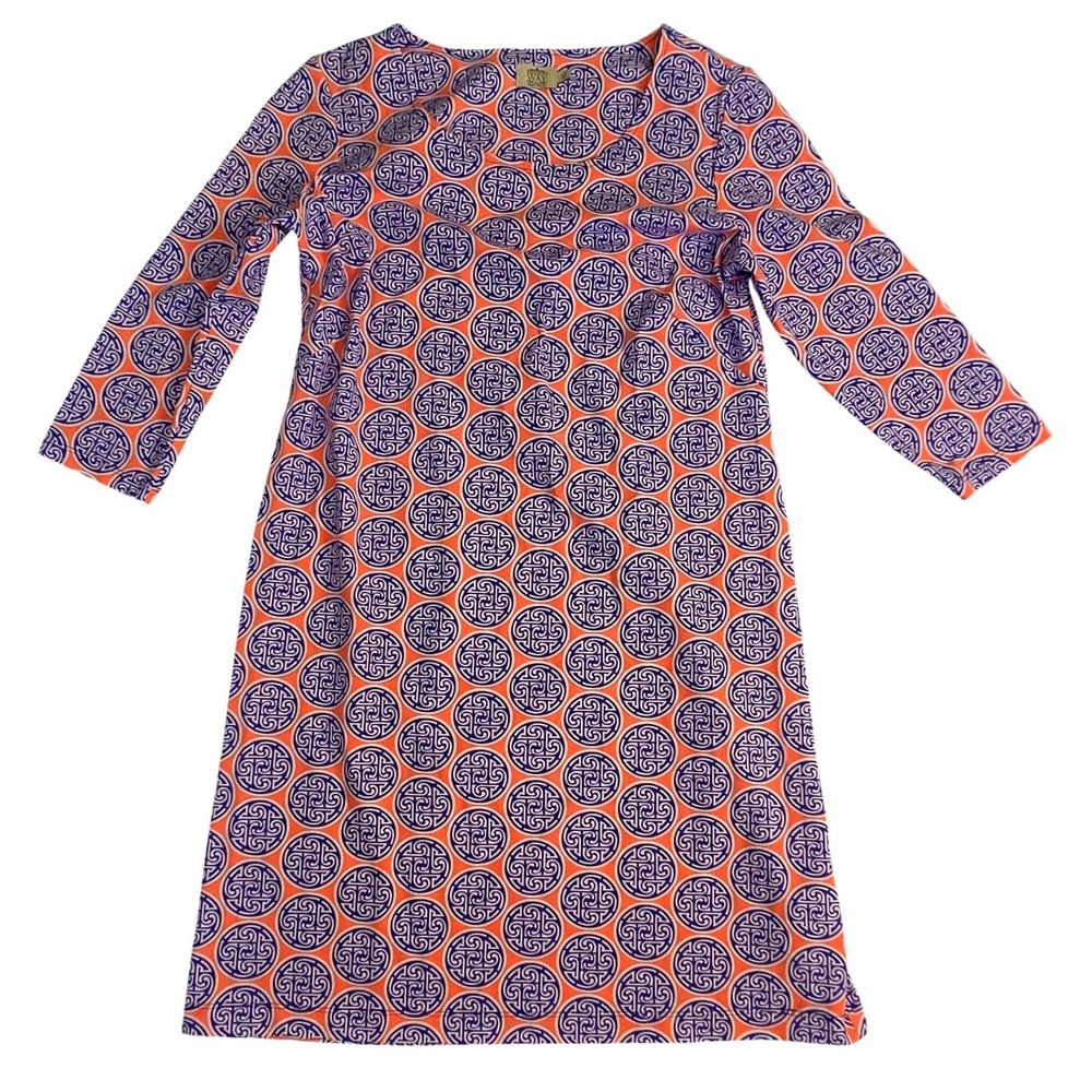 Katherine Way Womens Orange Blue Geometric Medallion Shift Dress Size M USA Made